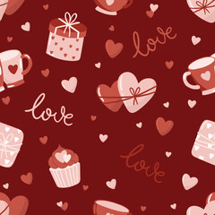 Wall Mural - Valentine s day. love concept cute vector illustration seamless pattern with hearts, love, flowers, envelope, arrows, cup of coffee and cupcakes.