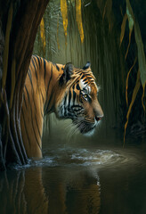 Wall Mural - Wild Tiger Drinking Water in a River, Tiger Animal in a Tropical Jungle Illustration, Generative AI