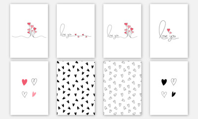 Wall Mural - Set of 8 happy Valentine's Day set of simple cards, banners or backgrounds with heart frame and pattern in modern flat style for decor, greetings, packaging, print. Vector EPS 10