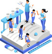 School students and teachers in the lab, a group of people standing on top of a book, a vector textbook illustration. Children and young people in a science laboratory. Playful simple isometric design