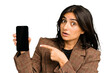 Young indian business woman showing her mobile phone isolated cut out