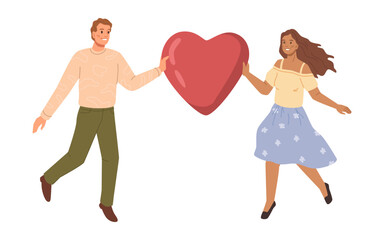 Wall Mural - Man and woman in love holding heart shape. Isolated male and female characters on date, wife and husband celebrating anniversary or Valentines day. Vector in flat style