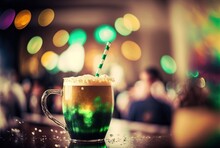 Green Beer Full With Foam Bubble In Glass, Idea For Saint Patrick's Day Celebrate Background Wallpaper