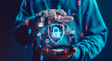 Cybersecurity And Privacy Concepts To Protect Data. Lock Icon And Internet Network Security Technology. Businessman Protecting Personal Data On Smartphone, Virtual Screen Interfaces. Cyber Security.