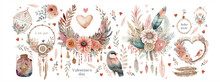Happy Valentine's Day In Boho Style. Vector Cute Watercolor Illustrations Of Heart, Flower Wreath, Feathers, Frames And Bird. Collection For Valentine, Card Or Postcard