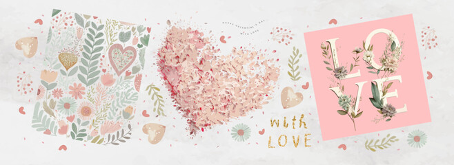 Wall Mural - Happy Valentine's Day. Vector watercolor illustration of a heart made of petals, the word 