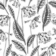 © sketched-graphics - Hand-drawn cowslip and oxlip background design. Vintage woodland flowers sketches. Seamless spring pattern. Forest plant and wild flowers illustration for print. Vintage primrose decorative backdrop.