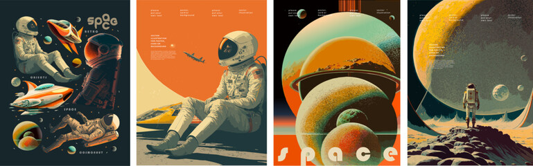 space, science fiction, future. vector retro illustrations of astronaut, galaxy, planet, moon, space