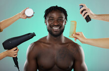 Hair, Makeover And Salon Treatment With Man In Studio Portrait With Smile, Hairdryer And Comb On Green Background. Beauty, Haircare And Product For Happy Male Model With Natural Hairstyle At Barber.