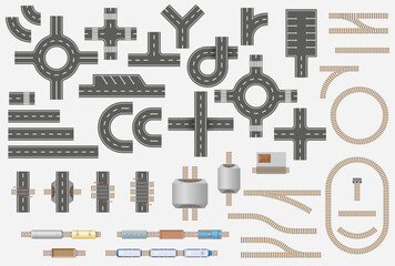 Top view set of railway and road elements, trains and cars for city map. Transport kit for design of town, country plan. Seamless constructor of City transport. Car, station, train, wagon, locomotive