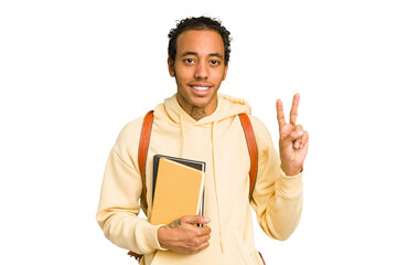 Young african american student man holding a book showing number two with fingers.