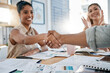 canvas print picture - Meeting, handshake and collaboration with a business black woman in the office for a deal or agreement. Teamwork, collaboration and thank you with a female employee shaking hands with a colleague