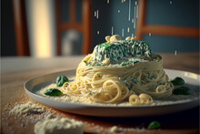 Delicious Creamy Spaghetti Pasta With Melted Parmesan And Ricotta Cheese And Spinach