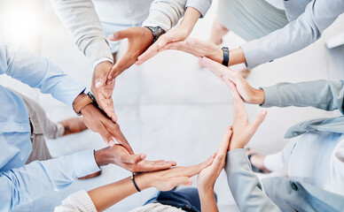 Canvas Print - Support, team building and hands of business people in a circle for collaboration, trust and community. Partnership, mission and employees huddling as a group for a target, vision and solidarity