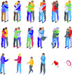 © ylivdesign - Warm embrace icons set isometric vector. Couple hug. Happy family