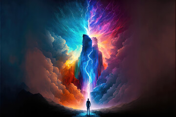 Wall Mural - people standing before the abstract futuristic colorful landscape background with glowing fantasy li