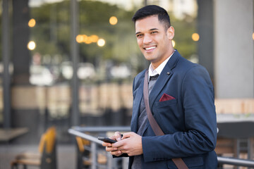Aufkleber - Phone, portrait and happy businessman in the city with success, leadership and confidence. Technology, mobile and professional corporate manager with a smile networking on a cellphone in the town.