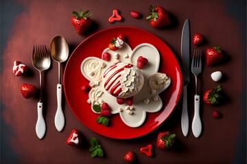 Poster - White chocolate dessert with strawberry. Valentine's Day Dessert. Christmas sweet treats. Romantic. Love. Gourmet. Food Photography. Red and White. Heart.