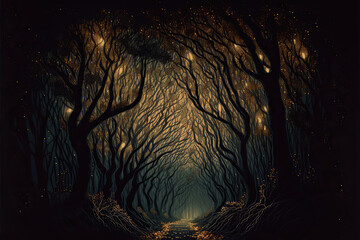 Wall Mural - An illustration of a haunted fantasy forest at night. Enchanted fairytale with tree silhouettes. Generative AI