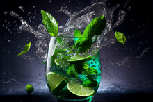 Mojito With Lime And Mint In Crystal Glass.