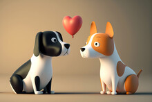 Love, Friendship. Cartoon Dogs Looking Each Other, Red Heart Balloon Flying, Happy Pets. AI Generative