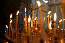 Orthodox Church. Christ With Crucifix, Lit Wax Candles, A Funeral Memorial Table For The Ceremony Funeral Service, Memorial, Prayers For The Salvation Of The Soul