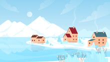 Winter Snow Village Landscape Vector Illustration. Cartoon Snowy Scenery With Road To Farm Houses And Frozen Garden Trees, Cold Countryside Scene With Nature And Cottages Of European Valley In Winter