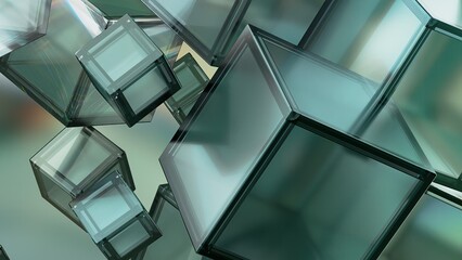 Wall Mural - Green Scattered glassy boxes Abstract, dramatic, passionate, luxurious and exclusive 3D rendering graphic design elemental background material.