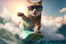 Cat Surfing In Hawaii Like A Pro Surger Illustration Generative Ai