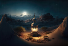 Arabic Ramadan Lantern With Burning Candle, Generative Ai