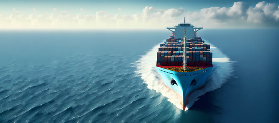 cargo maritime ship with container in water ocean, aerial top view. concept banner export, import lo