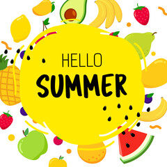 Bright summer background with fruits. Hello summer.