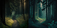 Two Illustrations Depicting A Path Leading Into The Forest.