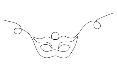 Continuous line drawing of Mardi Gras Carnival mask. One line art. Vector illustration.