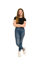 Young redhead woman with freckles standing full body cut out isolated