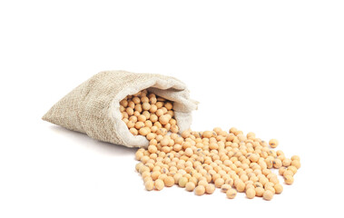 Wall Mural - Soybeans in a sack bag isolated on white background
