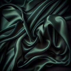 Dark green silk satin background. Beautiful soft folds on the smooth surface of the fabric. Luxury background with copy space for design