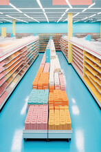 Pastel Creative Concept Of A Huge Supermarket, Shopping Center Full Of People And Products On Racks And Shelves. Illustration. Generative AI.