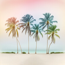 Soft Pastel Summer Background With Fresh, Palm Leaves And Trees In Mist, Smoke And Spring Dew. Fog Illustration. Generative AI.