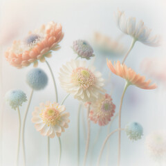 Soft pastel Spring background with fresh, blossom flowers and leaves in mist, smoke and Spring dew. Illustration. Generative AI.