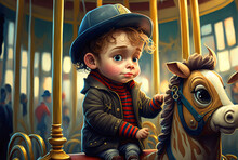 Little Child On Carousel - Illustration - Generative AI