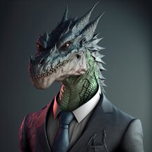Illustration Of A Green Dragon In Suit, Dragonborn Generative Ai
