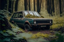 Wracked Old Rusty Russian Car Overgrown With Foliage In Jungle Forest Illustration Generative Ai