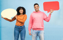 Happy People, Portrait Or Speech Bubble On Isolated Blue Background For Social Media, Vote Mock Up Or Idea Mockup. Smile, Man Or Woman With Communication Poster, Blank Billboard Or Branding Placard
