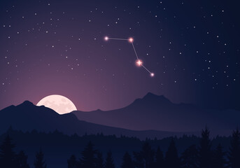 Wall Mural - constellation caelum scheme collection. stars in the night sky. dark starry sky, hills, forest, brig
