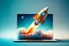 Launching Space Rocket From Laptop Screen, Generative Ai