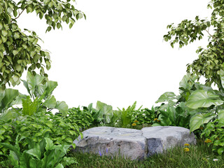 Wall Mural - Stone platform in meadow for product presentation and on transparent background.