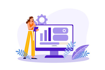 Wall Mural - optimize website concept with people scene in the flat cartoon style. woman optimizes website, adjus