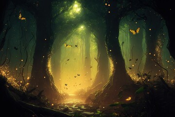 Magical fantasy fairy tale scenery, night in a forest ,made with Generative AI