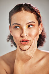 Wall Mural - beauty eyeshadow, face and studio woman with creative cosmetics makeup, healthy skincare glow and lu